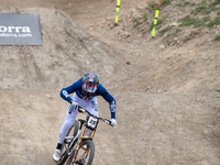 Dylan Maples of the USA arrives at the finish line in the UCI Mountain Bike World Championships Men Downhill in Pal Arinsal, Andorra, on Aug...