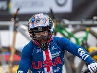 Dylan Maples of the USA arrives at the finish line in the UCI Mountain Bike World Championships Men Downhill in Pal Arinsal, Andorra, on Aug...