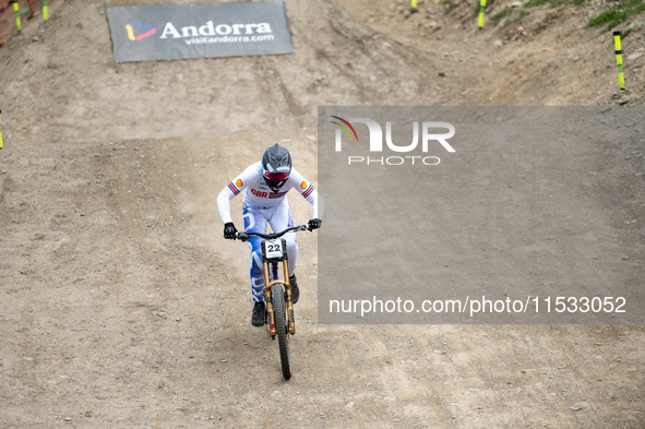 Greg Williamson of Great Britain arrives at the finish line in the UCI Mountain Bike World Championships Men Downhill in Pal Arinsal, Andorr...