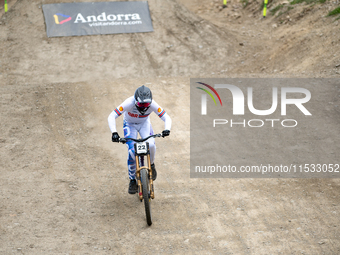 Greg Williamson of Great Britain arrives at the finish line in the UCI Mountain Bike World Championships Men Downhill in Pal Arinsal, Andorr...