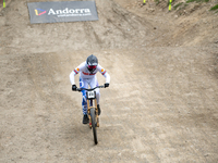 Greg Williamson of Great Britain arrives at the finish line in the UCI Mountain Bike World Championships Men Downhill in Pal Arinsal, Andorr...