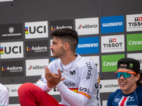 Angel Suarez of Spain arrives at the finish line in the UCI Mountain Bike World Championships Men Downhill in Pal Arinsal, Andorra, on Augus...