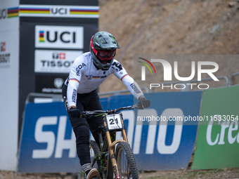 Max Hartenstern of Germany arrives at the finish line in the UCI Mountain Bike World Championships Men DownHill Andorra 2024 in Pal Arinsal,...