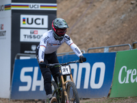 Max Hartenstern of Germany arrives at the finish line in the UCI Mountain Bike World Championships Men DownHill Andorra 2024 in Pal Arinsal,...