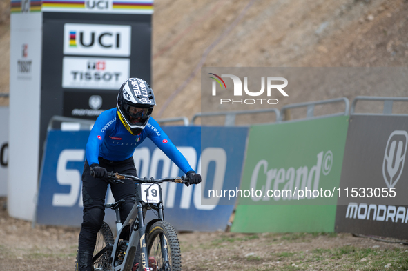 Davide Palazzari of Italy arrives at the finish line in the UCI Mountain Bike World Championships Men Downhill in Pal Arinsal, Andorra, on A...