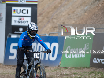 Davide Palazzari of Italy arrives at the finish line in the UCI Mountain Bike World Championships Men Downhill in Pal Arinsal, Andorra, on A...