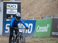 Davide Palazzari of Italy arrives at the finish line in the UCI Mountain Bike World Championships Men Downhill in Pal Arinsal, Andorra, on A...