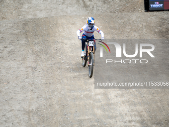 Laurie Greenland of Great Britain arrives at the finish line in the UCI Mountain Bike World Championships Men Downhill in Pal Arinsal, Andor...