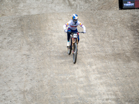 Laurie Greenland of Great Britain arrives at the finish line in the UCI Mountain Bike World Championships Men Downhill in Pal Arinsal, Andor...