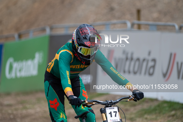 Greg Minnaar of South Africa makes his last descent in the UCI Mountain Bike World Championships Men Downhill in Pal Arinsal, Andorra, on Au...