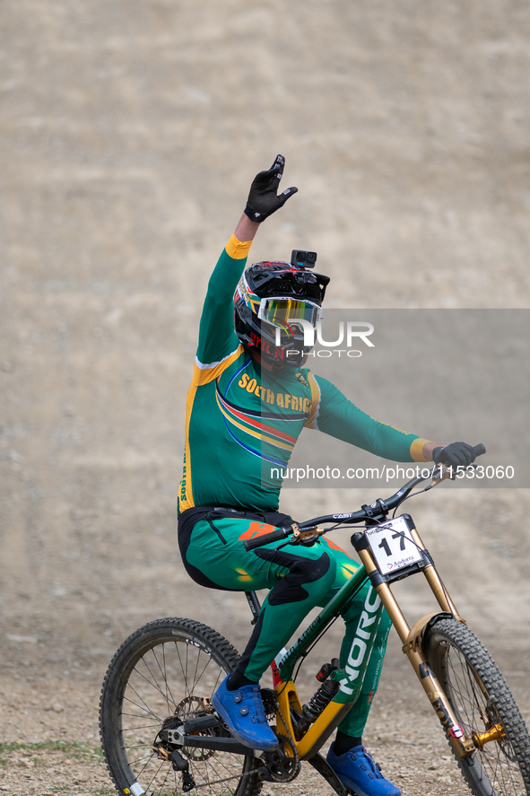 Greg Minnaar of South Africa makes his last descent in the UCI Mountain Bike World Championships Men Downhill in Pal Arinsal, Andorra, on Au...