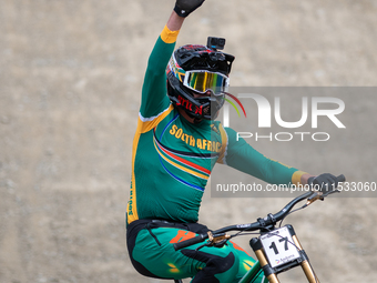 Greg Minnaar of South Africa makes his last descent in the UCI Mountain Bike World Championships Men Downhill in Pal Arinsal, Andorra, on Au...