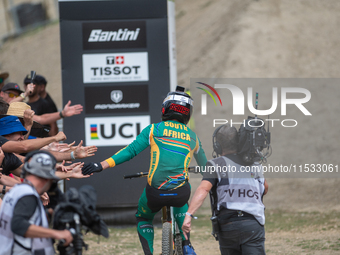 Greg Minnaar of South Africa makes his last descent in the UCI Mountain Bike World Championships Men Downhill in Pal Arinsal, Andorra, on Au...