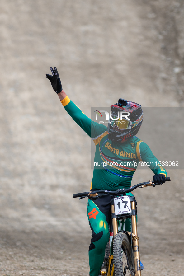 Greg Minnaar of South Africa makes his last descent in the UCI Mountain Bike World Championships Men Downhill in Pal Arinsal, Andorra, on Au...