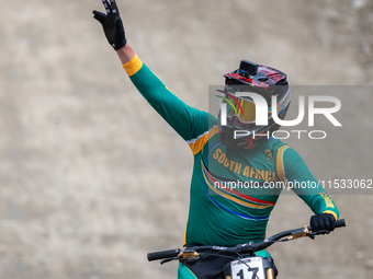 Greg Minnaar of South Africa makes his last descent in the UCI Mountain Bike World Championships Men Downhill in Pal Arinsal, Andorra, on Au...