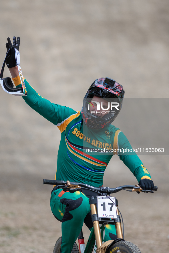 Greg Minnaar of South Africa makes his last descent in the UCI Mountain Bike World Championships Men Downhill in Pal Arinsal, Andorra, on Au...