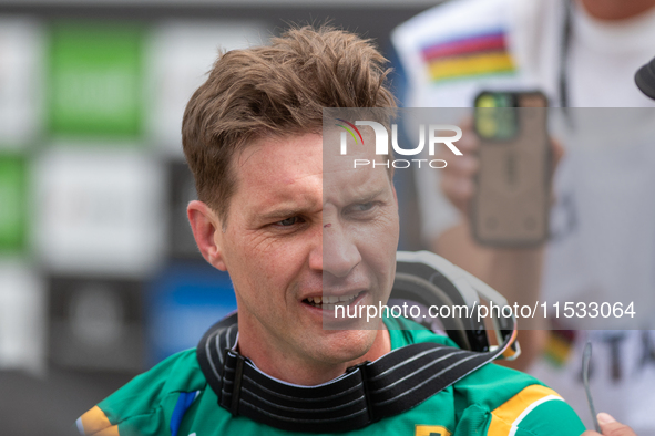 Greg Minnaar of South Africa makes his last descent in the UCI Mountain Bike World Championships Men Downhill in Pal Arinsal, Andorra, on Au...