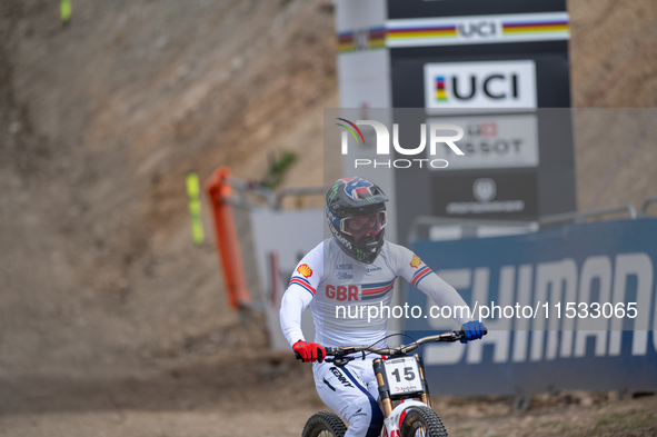 Danny Hart of Great Britain arrives at the finish line in the UCI Mountain Bike World Championships Men Downhill in Pal Arinsal, Andorra, on...