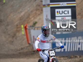 Danny Hart of Great Britain arrives at the finish line in the UCI Mountain Bike World Championships Men Downhill in Pal Arinsal, Andorra, on...