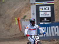 Danny Hart of Great Britain arrives at the finish line in the UCI Mountain Bike World Championships Men Downhill in Pal Arinsal, Andorra, on...