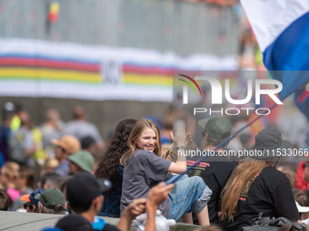 France fans attend the UCI Mountain Bike World Championships Men Downhill in Pal Arinsal, Andorra, on August 29, 2024. (