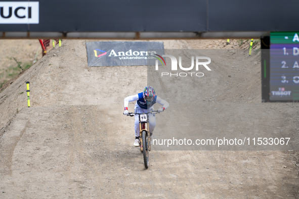 Thibaut Daprela of France arrives at the finish line in the UCI Mountain Bike World Championships Men Downhill in Pal Arinsal, Andorra, on A...