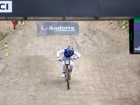 Thibaut Daprela of France arrives at the finish line in the UCI Mountain Bike World Championships Men Downhill in Pal Arinsal, Andorra, on A...