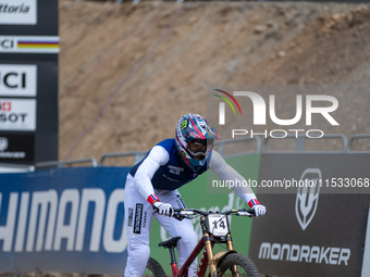 Thibaut Daprela of France arrives at the finish line in the UCI Mountain Bike World Championships Men Downhill in Pal Arinsal, Andorra, on A...