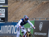 Thibaut Daprela of France arrives at the finish line in the UCI Mountain Bike World Championships Men Downhill in Pal Arinsal, Andorra, on A...