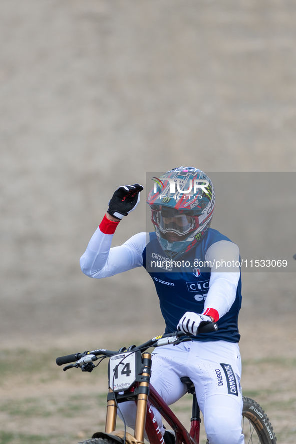 Thibaut Daprela of France arrives at the finish line in the UCI Mountain Bike World Championships Men Downhill in Pal Arinsal, Andorra, on A...