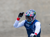 Thibaut Daprela of France arrives at the finish line in the UCI Mountain Bike World Championships Men Downhill in Pal Arinsal, Andorra, on A...