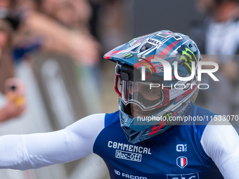 Thibaut Daprela of France arrives at the finish line in the UCI Mountain Bike World Championships Men Downhill in Pal Arinsal, Andorra, on A...