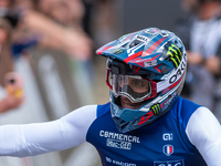 Thibaut Daprela of France arrives at the finish line in the UCI Mountain Bike World Championships Men Downhill in Pal Arinsal, Andorra, on A...