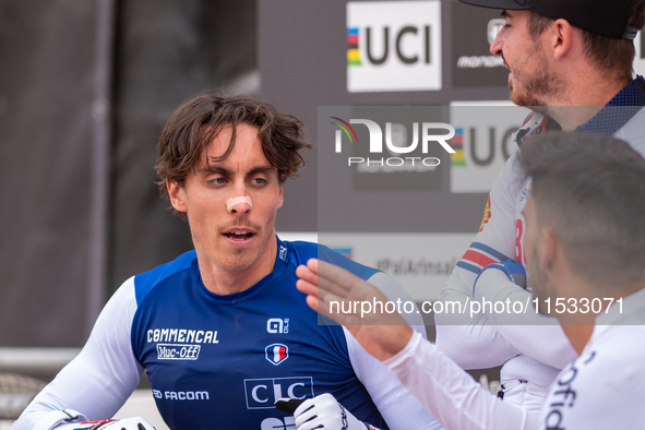 Amaury Pierron of France participates in the UCI Mountain Bike World Championships Men Downhill in Pal Arinsal, Andorra, on August 31, 2024....