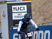 Remi Thirion of France arrives at the finish line in the UCI Mountain Bike World Championships Men Downhill in Pal Arinsal, Andorra, on Augu...