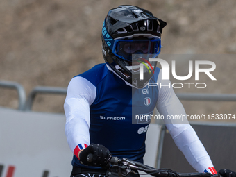 Remi Thirion of France arrives at the finish line in the UCI Mountain Bike World Championships Men Downhill in Pal Arinsal, Andorra, on Augu...