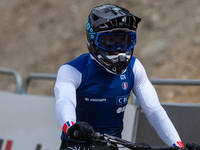 Remi Thirion of France arrives at the finish line in the UCI Mountain Bike World Championships Men Downhill in Pal Arinsal, Andorra, on Augu...