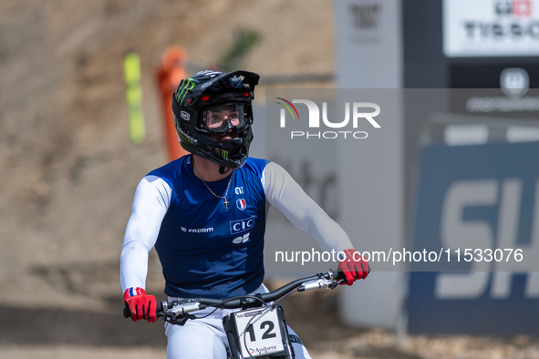 Thibaut Daprela of France participates in the UCI Mountain Bike World Championships Men Downhill in Pal Arinsal, Andorra, on August 31, 2024...