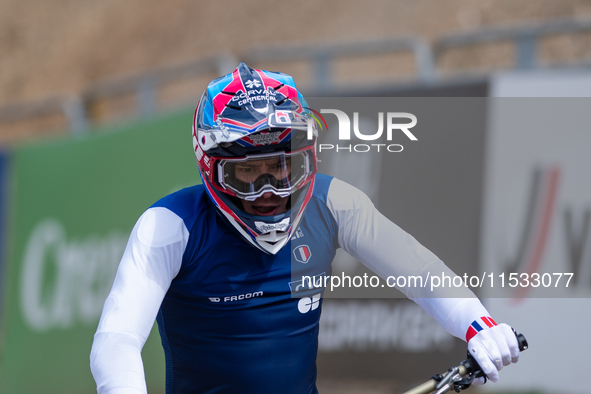 Benoit Coulanges of France competes in the UCI Mountain Bike World Championships Men Downhill in Pal Arinsal, Andorra, on August 31, 2024. 