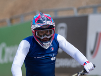 Benoit Coulanges of France competes in the UCI Mountain Bike World Championships Men Downhill in Pal Arinsal, Andorra, on August 31, 2024. (