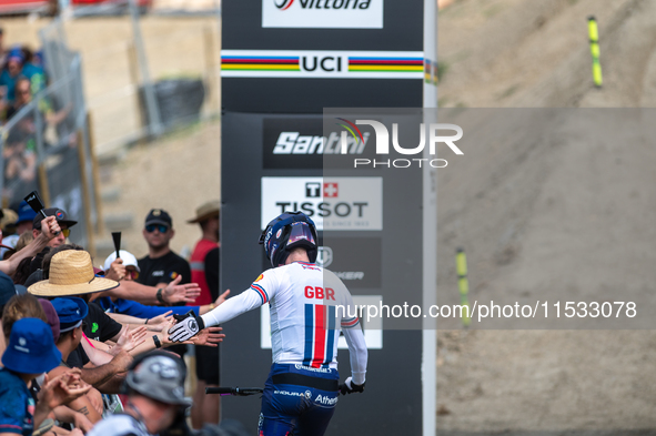 Thibaut Daprela of France participates in the UCI Mountain Bike World Championships Men Downhill in Pal Arinsal, Andorra, on August 31, 2024...