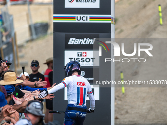 Thibaut Daprela of France participates in the UCI Mountain Bike World Championships Men Downhill in Pal Arinsal, Andorra, on August 31, 2024...