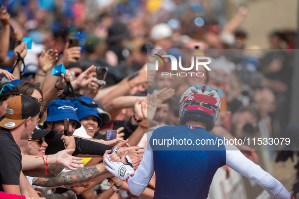 Benoit Coulanges of France competes in the UCI Mountain Bike World Championships Men Downhill in Pal Arinsal, Andorra, on August 31, 2024. 