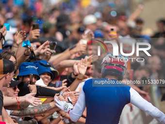 Benoit Coulanges of France competes in the UCI Mountain Bike World Championships Men Downhill in Pal Arinsal, Andorra, on August 31, 2024. (