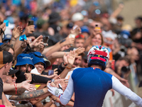 Benoit Coulanges of France competes in the UCI Mountain Bike World Championships Men Downhill in Pal Arinsal, Andorra, on August 31, 2024. (