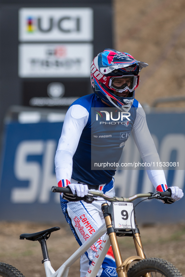 Benoit Coulanges of France competes in the UCI Mountain Bike World Championships Men Downhill in Pal Arinsal, Andorra, on August 31, 2024. 