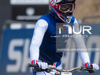 Benoit Coulanges of France competes in the UCI Mountain Bike World Championships Men Downhill in Pal Arinsal, Andorra, on August 31, 2024. (