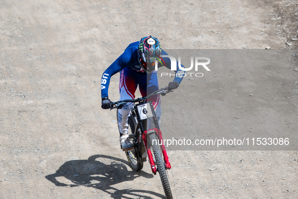 Luca Shaw of the USA participates in the UCI Mountain Bike World Championships Men Downhill in Pal Arinsal, Andorra, on August 31, 2024. 