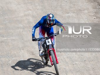 Luca Shaw of the USA participates in the UCI Mountain Bike World Championships Men Downhill in Pal Arinsal, Andorra, on August 31, 2024. (