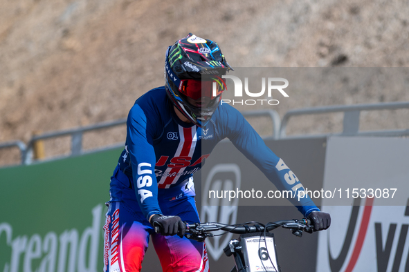 Luca Shaw of the USA participates in the UCI Mountain Bike World Championships Men Downhill in Pal Arinsal, Andorra, on August 31, 2024. 